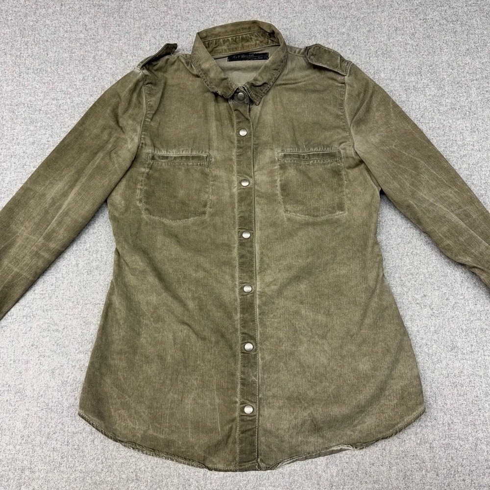 Zara TRF Denim Button Down Shirt M Olive Green Corduroy Military Snap Utility